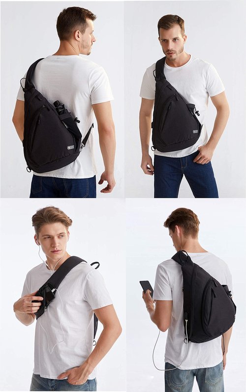TurnWay Water-Proof Sling bag/Crossbody Backpack/Shoulder Bag with USB Charging Port for Travel, Hiking, Cycling, Camping (BLACK)