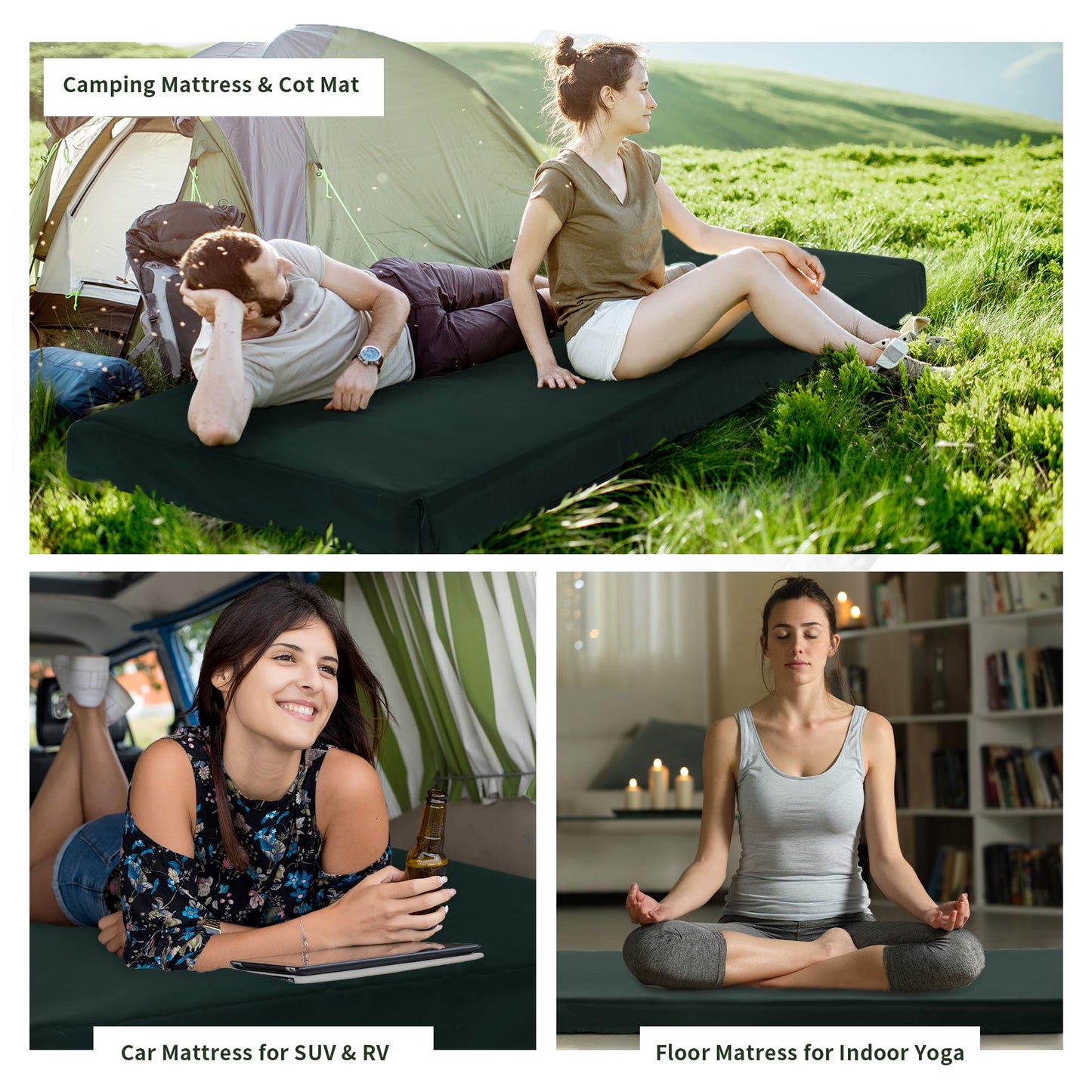 HOMBYS Waterproof Memory Foam Camping Mattress for Outdoor Sleeping, Roll Up Porable Oxford Cloth Cover Camping Mattress Pad Mat for Travel Truck Bed Tent (Green, Single-75"x30"x3")