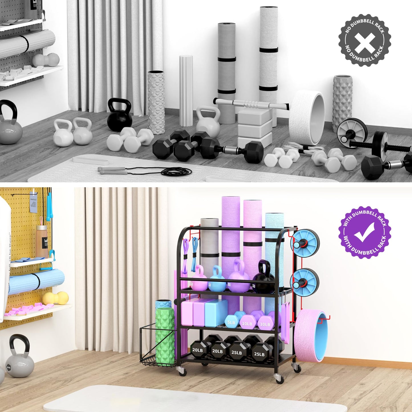 Home Gym Organizer - Yoga Mat Storage Rack, 400LBS Metal Gym Equipment Storage Cart with Large Basket & Movable Hooks, Dumbbell Rack & Weight Storage Racks for Workout Gear (Black)