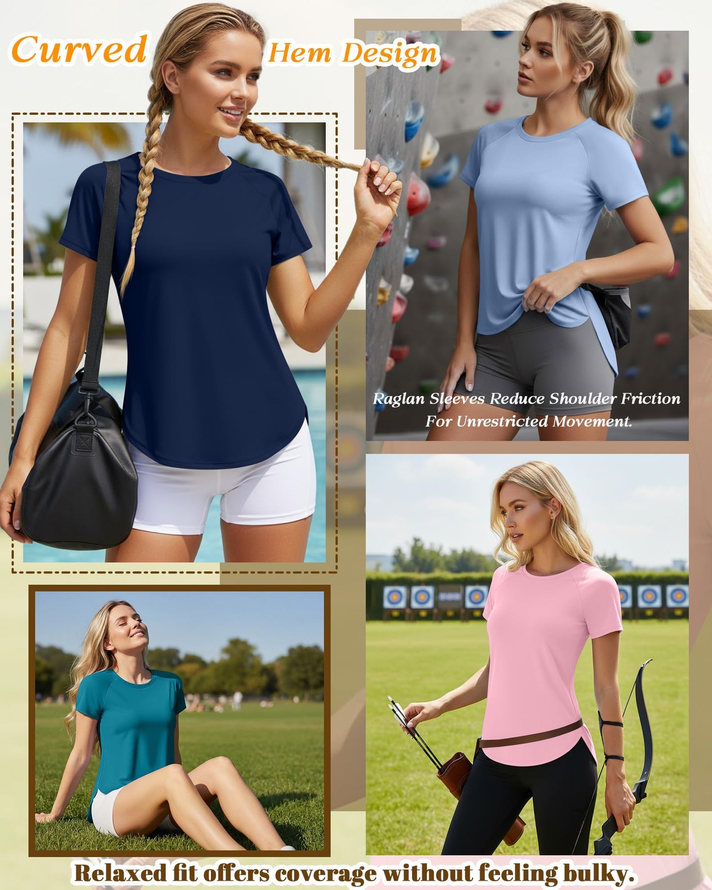 Oakgarden 4 Pack Women's Workout Tops Athletic Quick Dry Gym Shirts UV Protection Short Sleeve Side Split Tees for Running(Navy Blue, Cyan, Sky Blue, Pink,XX-Large)