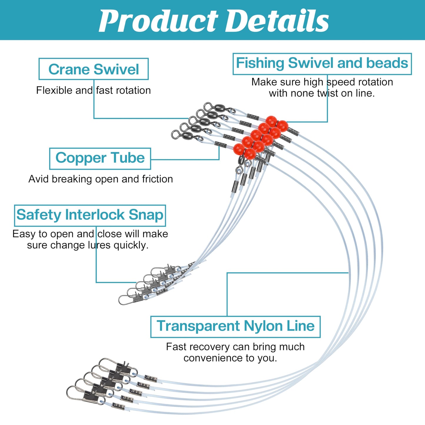 Fishing Leaders Saltwater Tackle Surf Fishing Rigs with Swivel Snaps High Strength Nylon Wire Leader Fishing Bottom Rigs Saltwater Fishing Gear Equipment(1rd-12pcs)