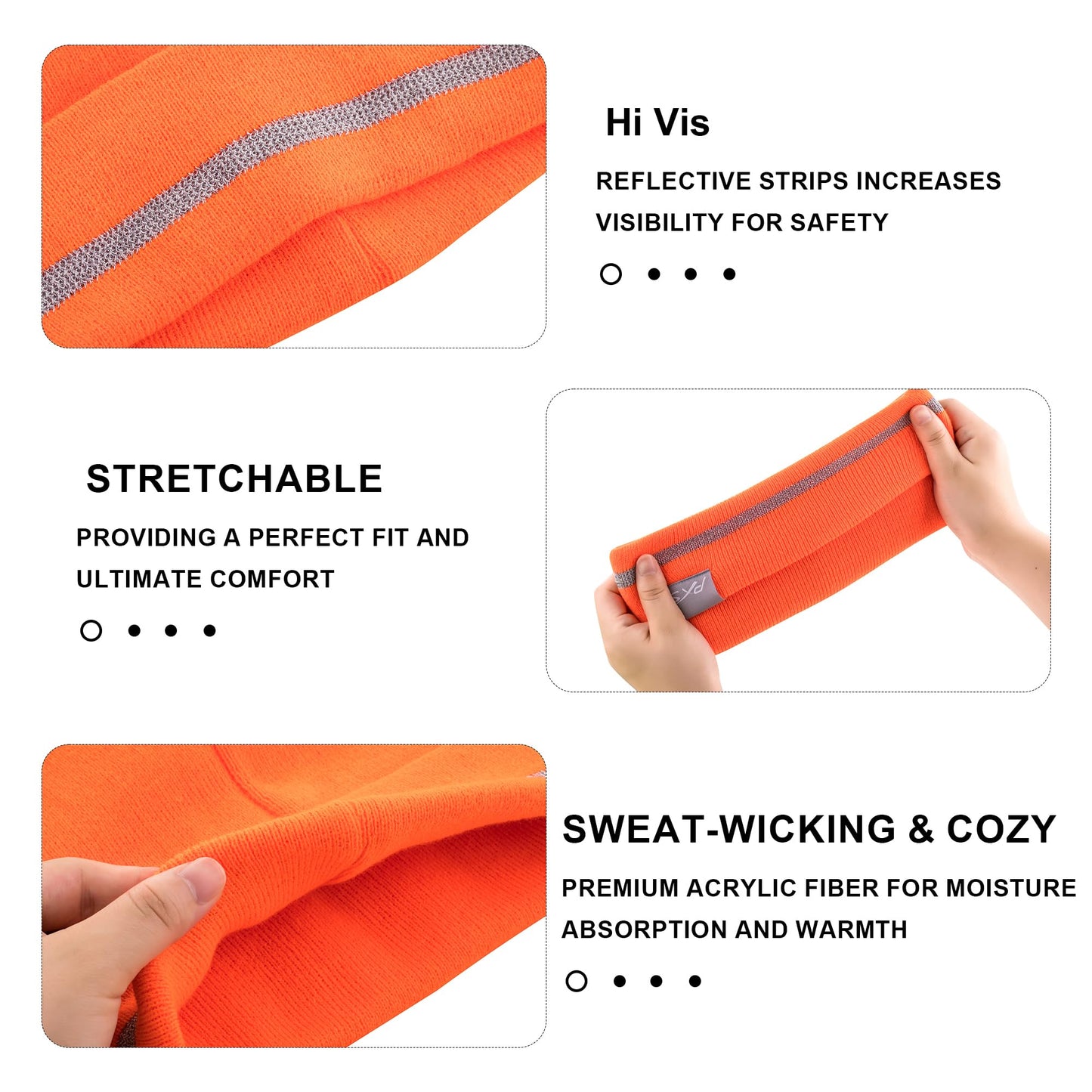 ProtectX 2 Pack Reflective Beanie Hat for Men Women Winter High Visibility Knit Safety Beanie Warm Headwear for Work Runing, Orange & Black