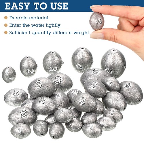 Vertintong 33 Pcs 1oz, 2oz, 3oz, 4oz, 6oz Egg Fishing Sinker Weights Kit Egg Weights Rig Drop Bass Casting Fishing Sinkers Saltwater Freshwater Gear Tackle