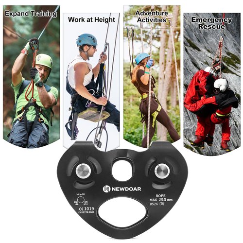 NewDoar Zip Line Pulley,28KN Double Tandem Speed Dual Trolley with Ball Bearing,CE Certified for Climbing, Rescue Lifting Aluminum Fixed Eye Pulley (Stainless Steel Wheel Black)