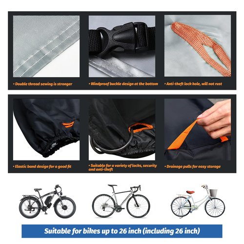 Bike Cover Outdoor Storage Waterproof Bicycle Cover Rain Sun UV Snow Dust Wind with Lock Hole for Mountain Road Electric Bike Ebike Accessories (Black,26inch)