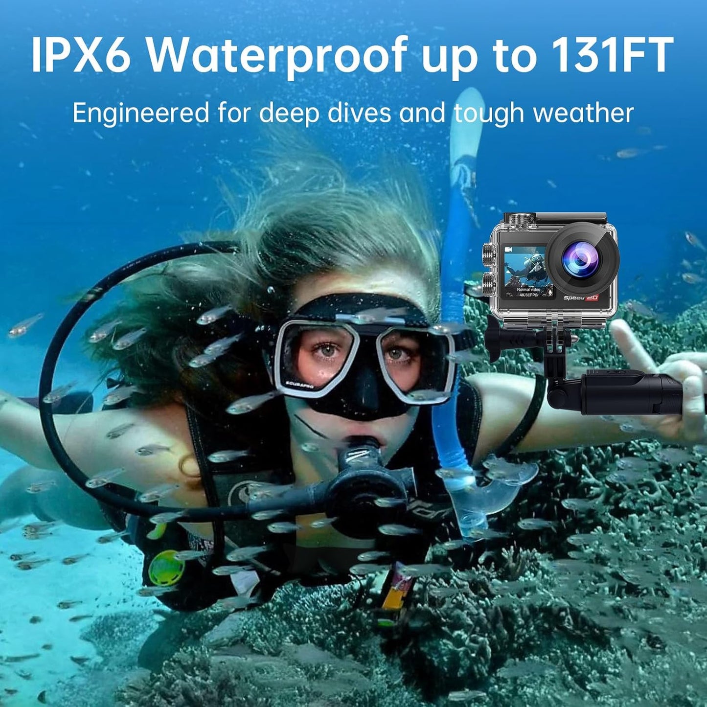 Action Camera 4K 60FPS with Touch Screen 20MP Waterproof Camera Underwater 131FT with EIS for Snorkeling Helmet Bike 170° Wide Angle Remote WiFi 5XZoom