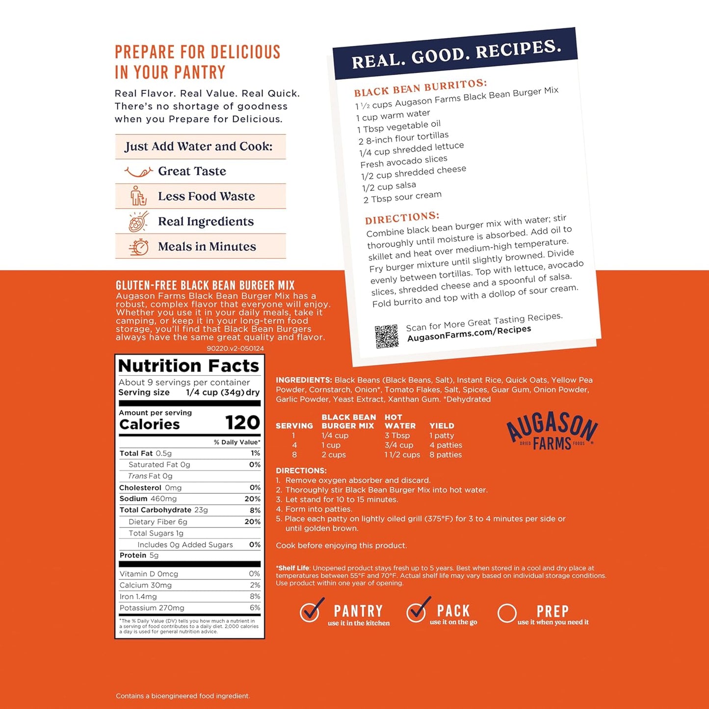 Augason Farms Black Bean Burger Mix 4-Gallon Pail, Certified Gluten Free, Emergency Food Supply, Everyday Meals, 215 Servings