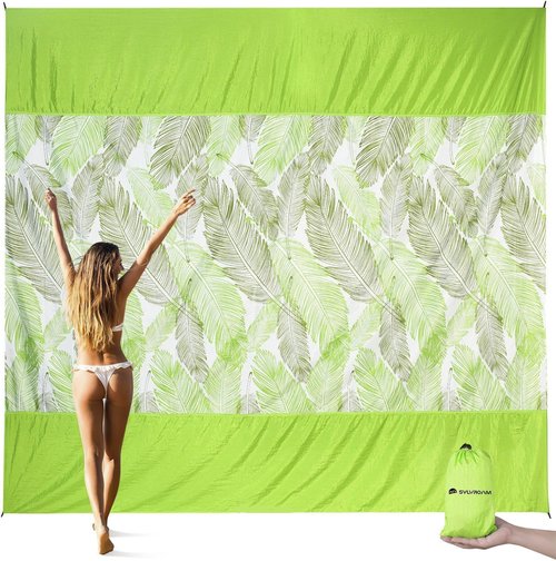 SYLVROAM Beach Blanket Waterproof, Sandproof Mat with Portable Bag for Picnic, Nylon Mat, Quick Drying, Lightweight with 4 Stakes & 3 Water Bags, Use as Children's Pool (Green)