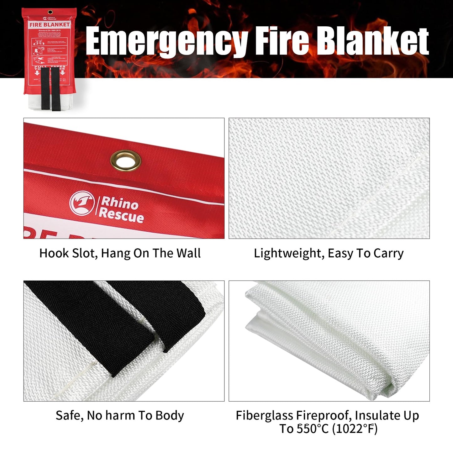 RHINO RESCUE Fire Blanket, 40''×40'' Fiberglass Emergency Fireproof Gear, Flame Retardant Protection for Home, Kitchen, Camping, Hiking, 2 Count