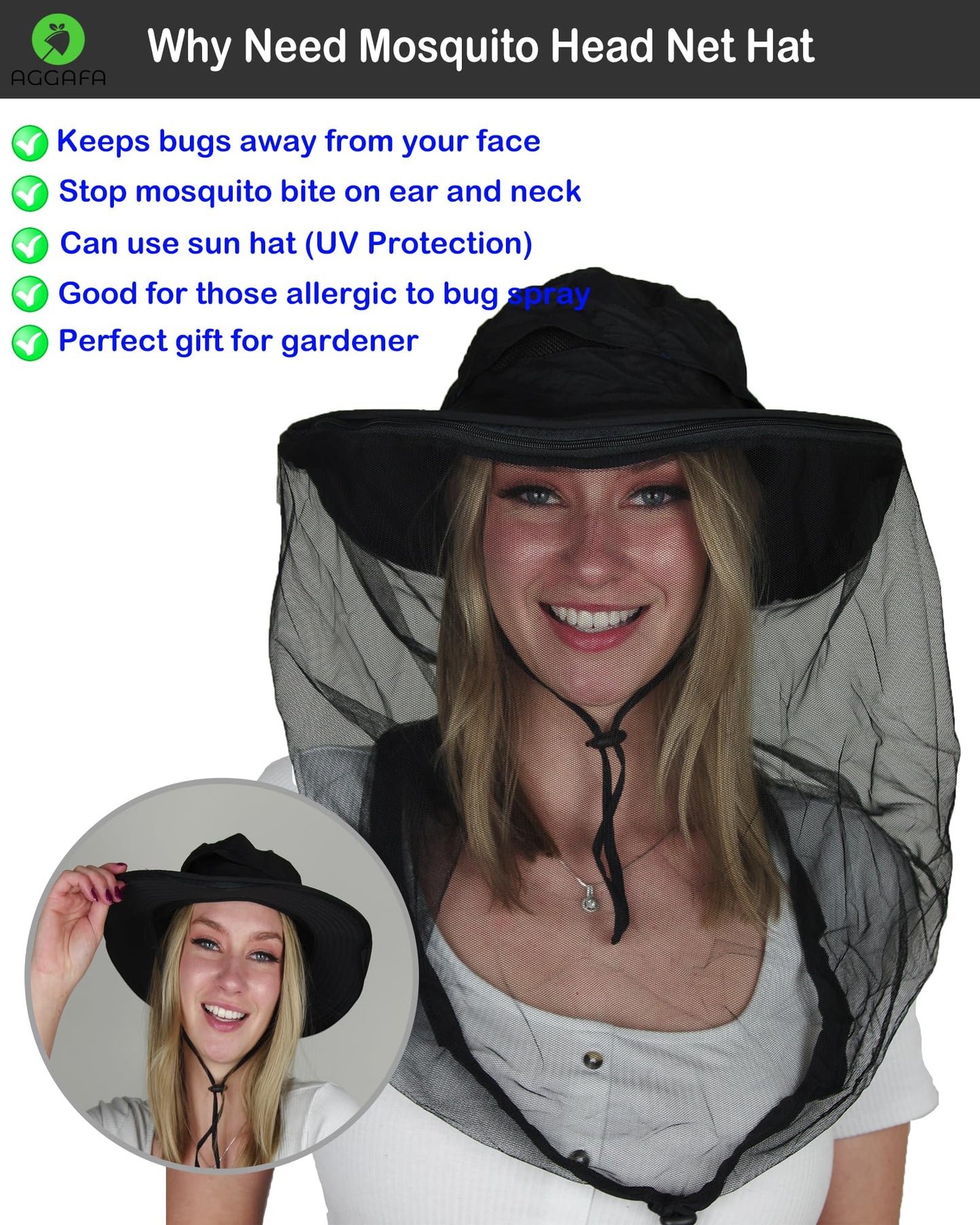 AGGAFA Mosquito Head Net Hat, Providing a Physical Barrier to Help Keep Mosquitoes and Bugs Away from Your Face When Gardening, Farming, Fishing and Camping (Black Color)