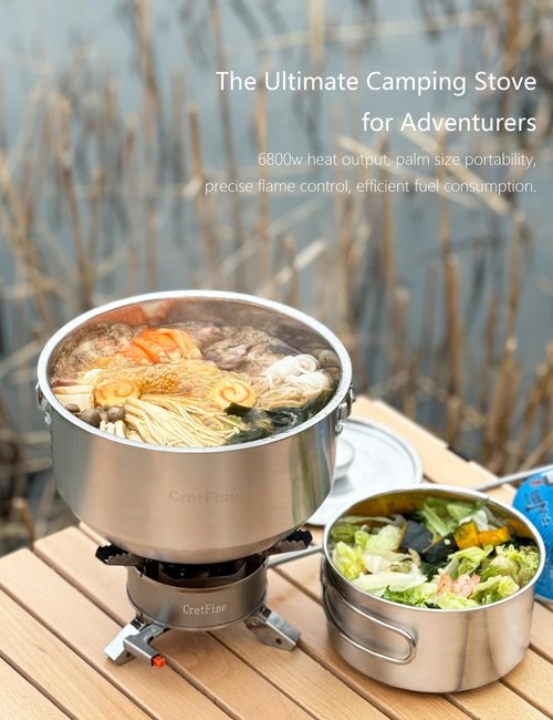 CretFine 6800W Windproof Camping Stove with Adapters, Foldable Backpacking Triple Burner with Portable Case, Piezo Ignition, Compatible with Propane, Butane, and Isobutane for Hiking, Camp Cooking