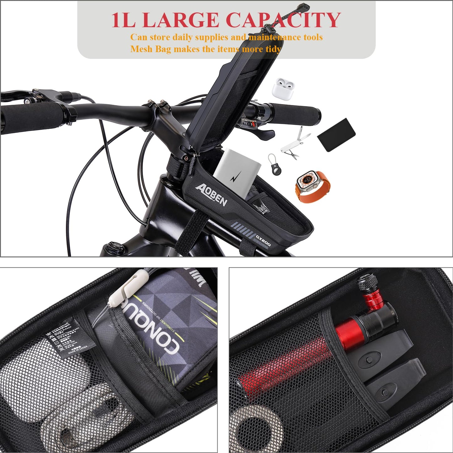 Aoben Bike Bicycle Phone Front Frame Bag for Mountain Bike Road Bike, EVA Hard Casing Bike Phone Holder Bike Phone Mount for MTB, Bike Bicycle Accessories for Cell Phone Under 6.8 Inches (Black)