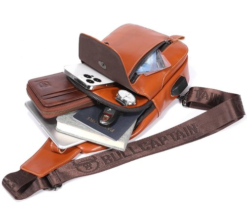 Cross Body Bag Genuine Leather Sling Bags for Men Shoulder Bag with USB Charging Port Backpack for Travel (Tan)
