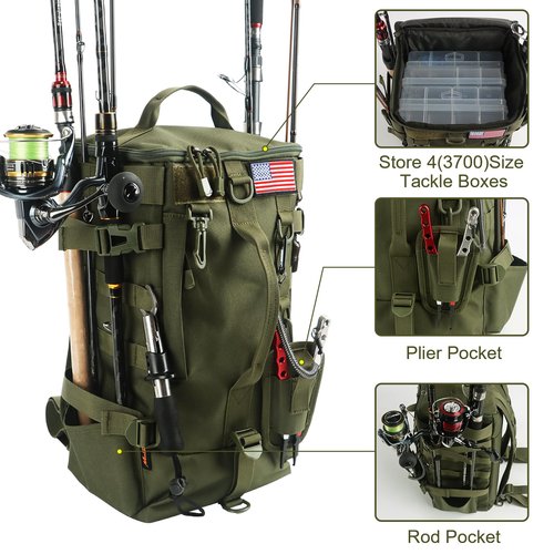 MoiShow Fishing Tackle Bag with Rod Holders, Large Storage, Tackle Box Backpack for Carrying Fishing Gear and Equipment, Gifts for Men, RBG02