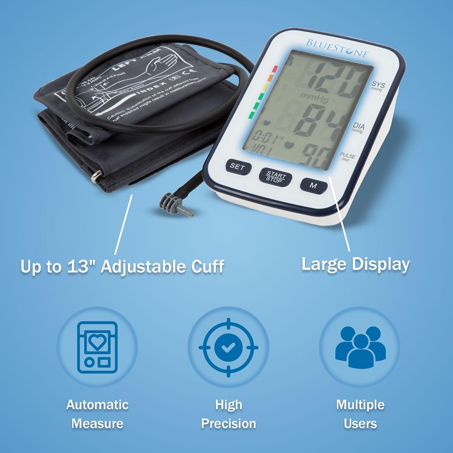 Blood Pressure Cuff - Electronic Digital Upper Arm Heart Monitor with LCD Screen - Personal Health Tracking Device for Hypertension by Bluestone