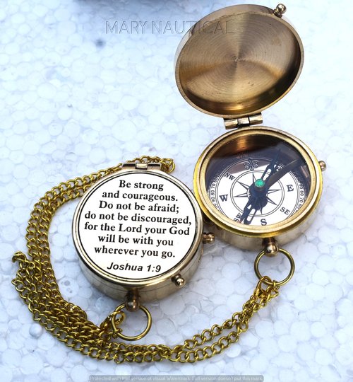 Mary Nautical Brass Compass | Engraved Religious Joshua 1:9 Quote Gift, Be Strong & Courageous