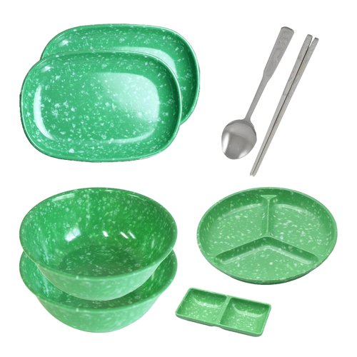 Retro Korean Tteokbokki Plate Set, 6 Melamine Pieces, Spoon, Chopsticks, 2 Ramen Bowls, 2 Square Plates, 3 Compartment Plate, Sauce Dish