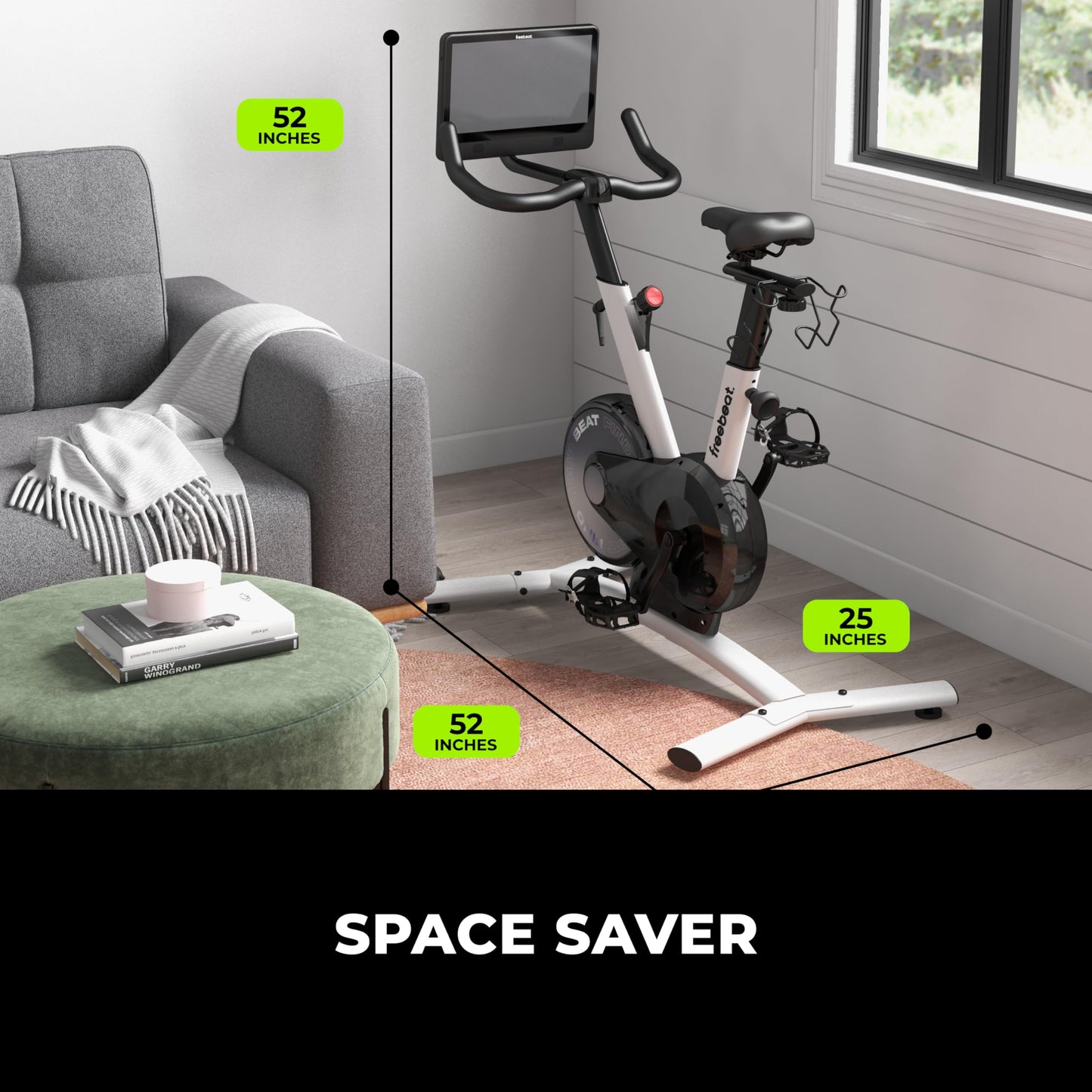 Freebeat Boom Exercise Bike, Smart Spin Bike for Home, 15.6'' HD Touchscreen, Auto Resistance, Compact Stationary Bike with Screen, Bluetooth, Scenic Rides, Training Algorithm, Gamified Classes with Expert Instructors