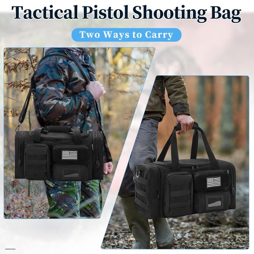 OUUTMEE Tactical Pistol Range Bag, Gun Range Bag for 4 Handguns, Shooting Duffle Range Pistol Bag with 6X Magazine Slots, Extra Pockets for Ammo and Essentials