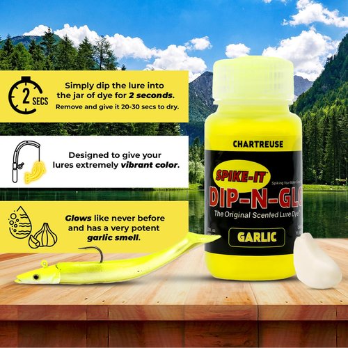 Spike It Softbait Dip-n-Glo Garlic Scented Lure Dye | Vibrant Chartreuse Color | Fishing Worm Paint for Soft Plastic Lures | 2 Oz Bottle