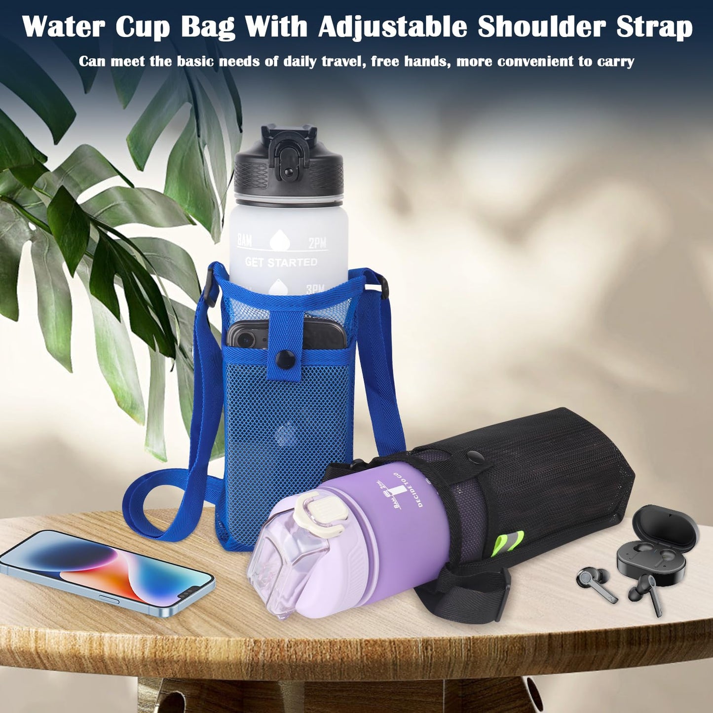 GAOHUI 2 Packs Bottle Holder With Strap, Mesh Sling With Adjustable Shoulder Strap, Portable Bag With Pocket, Water Bottle Carrier for Walking, Hiking, Travelling