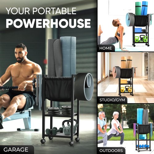 Guider Steel Multifunctional Home Gym Storage Rack - Metal Exercise Equipment Storage w/Wooden Shelf, Hooks & Black Yoga Mat Home Gym Organizer Basket - 88LBS Max Cap Weight Rack for Dumbbells & More
