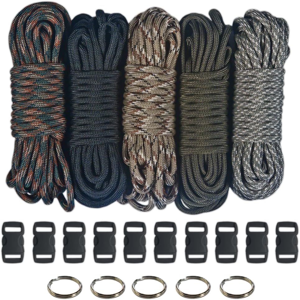 Paracord 550 Kit - Five Colors (Olive Drab, ACU, Woodland Camo, Desert Camo, and Black) - 100 Feet Total with (10) 3/8-Inch Black Side Release Buckles and (5) 32mm Key Rings