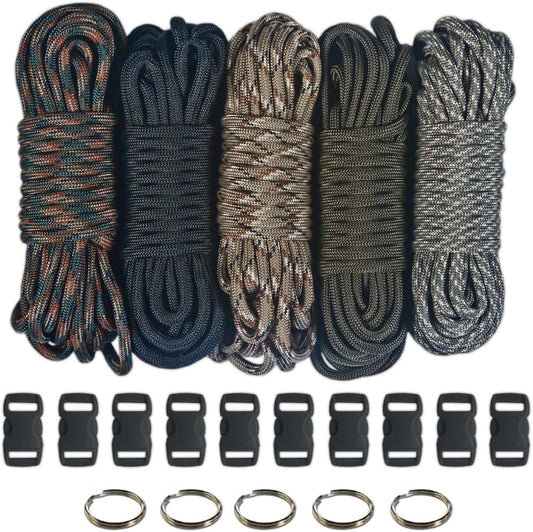 Paracord 550 Kit - Five Colors (Olive Drab, ACU, Woodland Camo, Desert Camo, and Black) - 100 Feet Total with (10) 3/8-Inch Black Side Release Buckles and (5) 32mm Key Rings