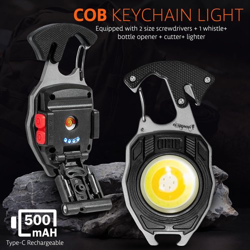 GUARDMAN Stocking Stuffers – Multitool Survival Keychain Tool, LED Flashlight, Carabiner, Fire Starter, Screwdriver, Whistle, Bottle Opener – Camping & Outdoor Multi Tool Gear - 1 Pack