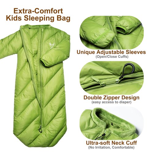 AZITREK T40 Toddler Sleeping Bags Boys Girls | Ages 2-4 | Puffy Kids Sleeping Bag Camping Outdoor |up to 46 in| Lightweight Compact Comfort for Indoor Sleepover | Machine Washable (Garnish Green)