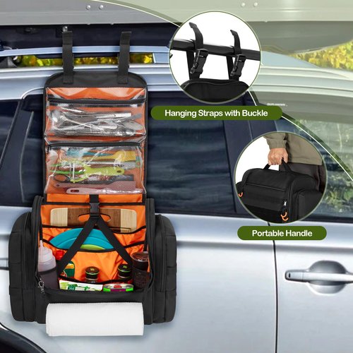 HODRANT Large Tactical Camping Kitchen Organizer, Hanging Cookware Storage Bag with Paper Towel Holder & Multi Pockets, Portable Camp Utensil Organizer for BBQ Cooking Essentials, Black, Bag Only