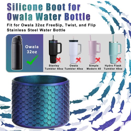 UBEEKOO Silicone Boot for Owala Water Bottle 32 oz, Anti-Slip Protective Sleeve for Owala FreeSip 32 oz, Bottom Bumper Protector for Owala Accessories,Mermaid Jungle Green
