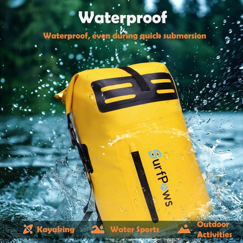 SurfPaws Waterproof Backpack - Outdoor Dry Bag for Boating, Camping, Rafting, Fishing, and More, with Waterproof Phone Pouch (Yellow, 35L)