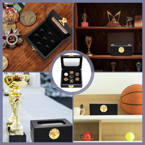 Equsion Championship Ring Display Case Flat Black Ring Display Case Box for Multiple Rings for Single Replica Baseball Softball Football Sports Souvenirs Ring Storage Organizer Wooden Box(7 Slots)