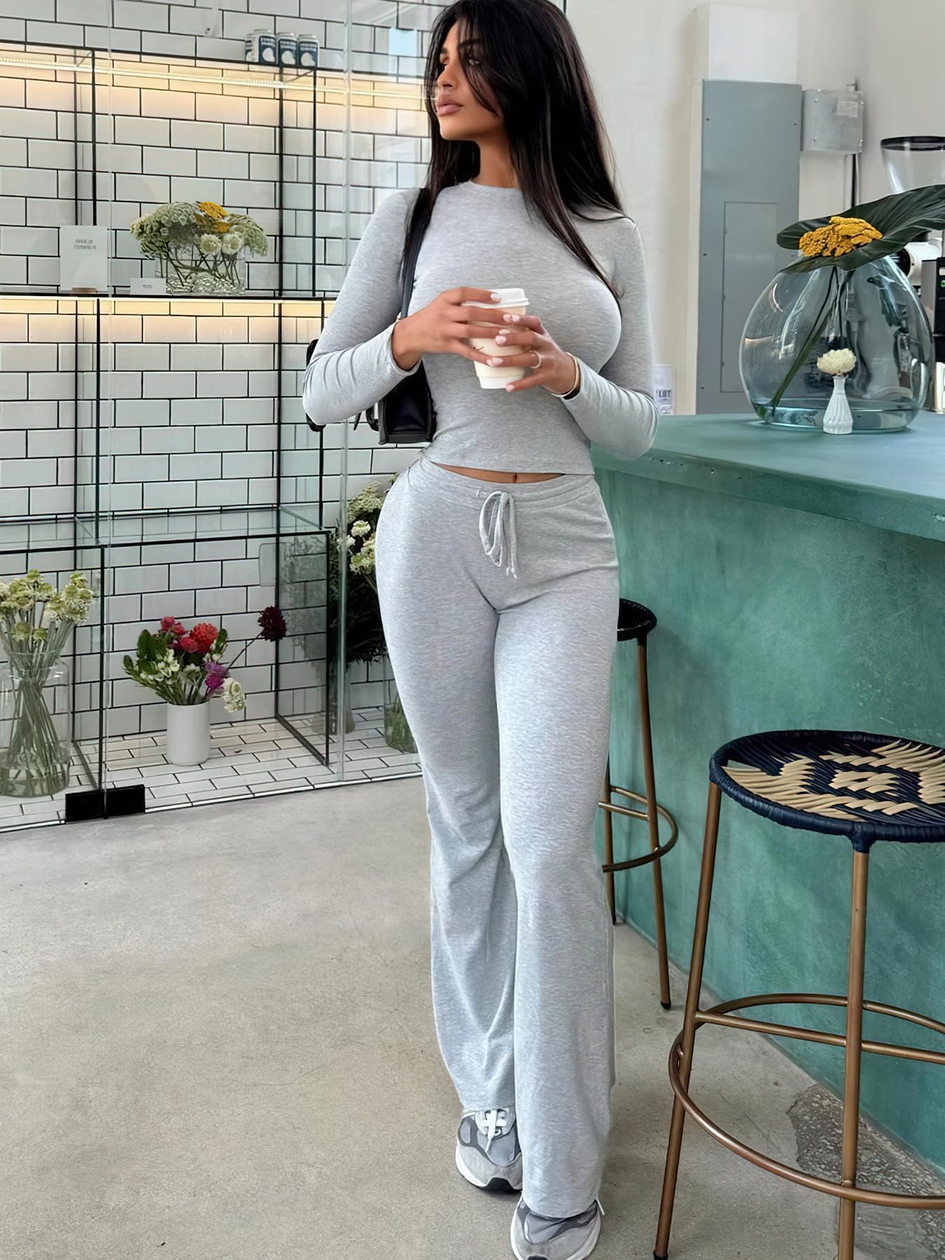 YEOREO Two Piece Sets for Women Long Sleeve Tops Lounge Set Drawstring Wide Leg Pants Ava Matching Slate Gray M