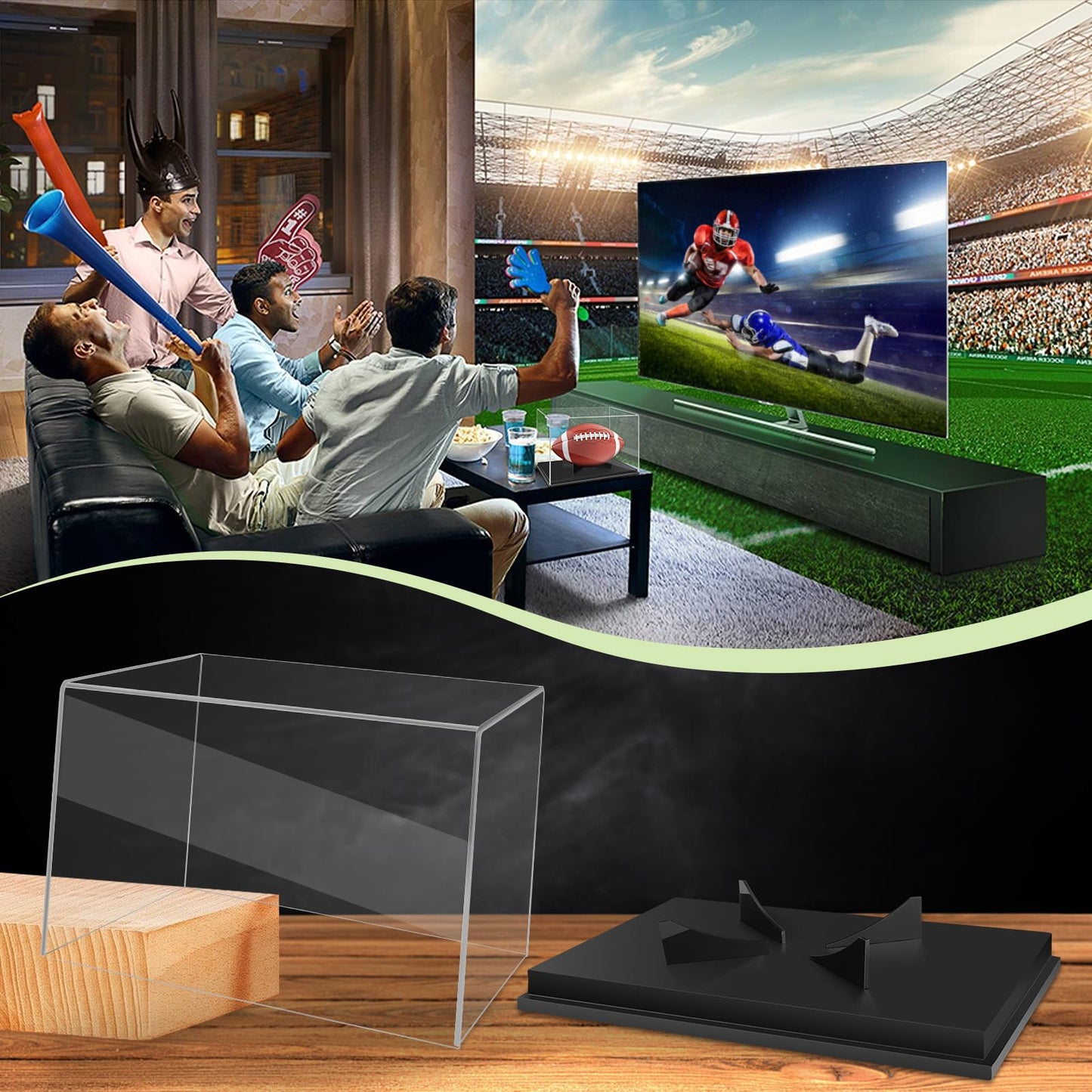 Football Display Case Full Size，Memorabilia Display Box Cases for Football or Memorial Sports Gloves，Acrylic Clear Box with Wood Stand Solid Base