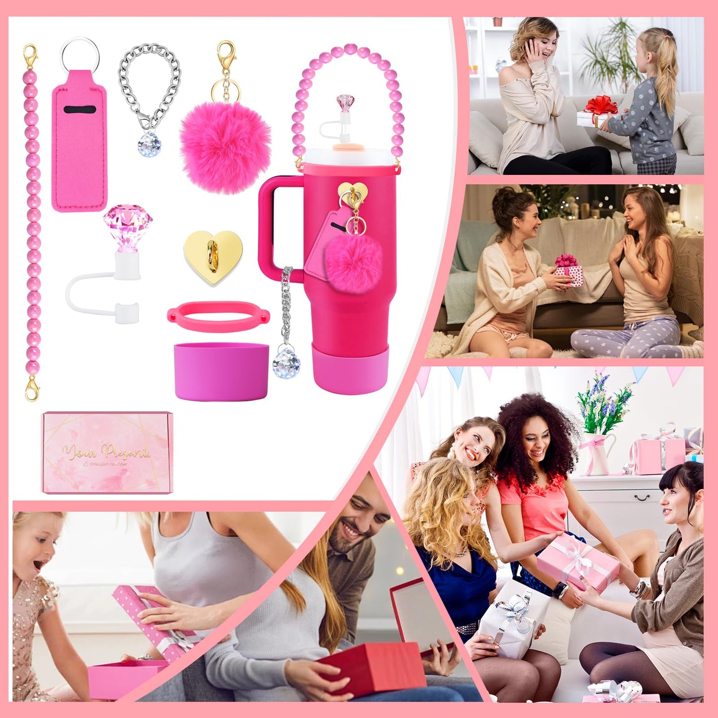 Accessories Set for Stanley Cup All Water Bottle Holder Strap Straw Cover Cap for Stanley Cup Charms Boot Diamond Hot Pink Tumbler 30oz 40oz Accessories Cute Silicone Straw Topper Charms Boot