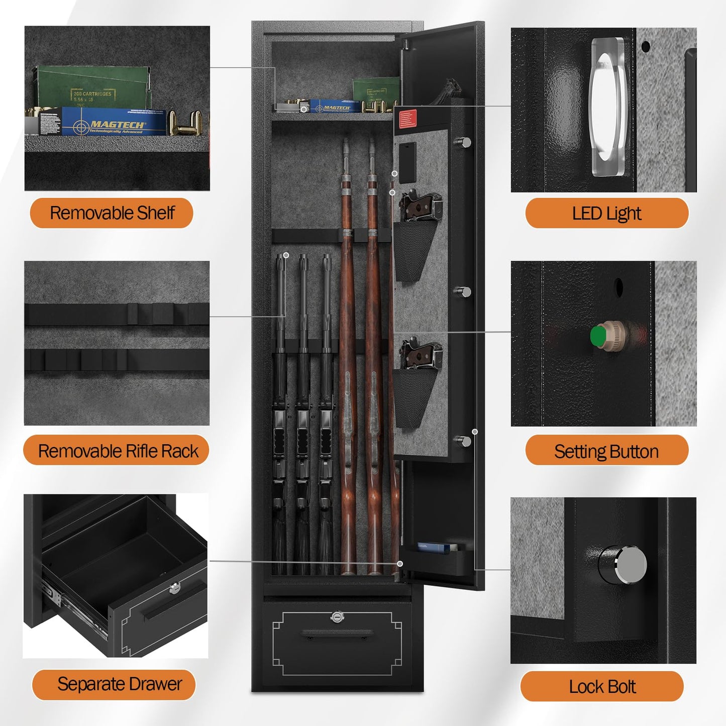 6 Gun Safes Gun Safe for Rifles and Pistols Heavy Duty Gun Cabinet for Rifles and Shotguns Rifle Safes for Home Gun Safe Clearance Gun Locker with Drawer Digital Lock and Removable Shelf