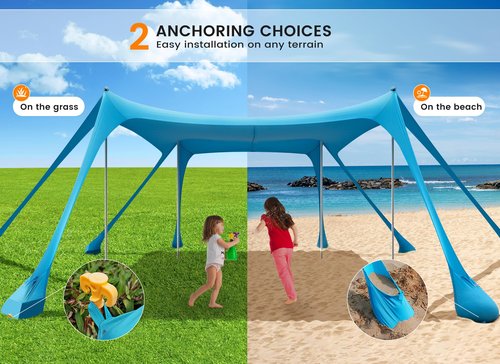 Beach Tent Sun Shelter, Portable Sun Canopy UPF50+ Outdoor Shade with 4 Stability Poles and 8 Sandbags, 10 x 10ft, Sand Shovel, Ground Pegs and Carry Bag for Beach, Camping, Fishing, Picnics