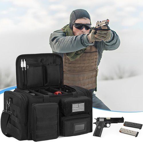 OUUTMEE Tactical Pistol Range Bag, Gun Range Bag for 4 Handguns, Shooting Duffle Range Pistol Bag with 6X Magazine Slots, Extra Pockets for Ammo and Essentials