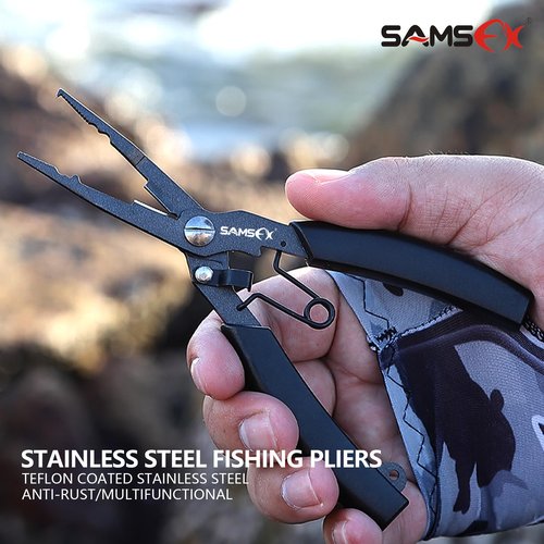 SAMSFX Locking Fishing Pliers Saltwater Resistant Teflon Coated Briad Line Cutters with Wire Coiled Lanyard, Sheath & Quick Knot Tool Combo (Black Color)