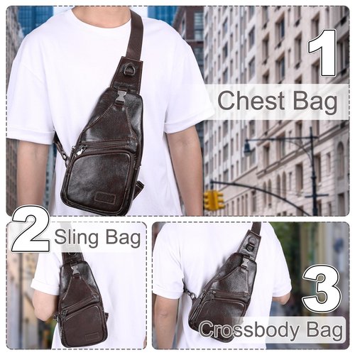 DTGN Genuine Leather Small Sling Bag - 6.69"x12.6" (LXH) Good for Men and Women Hiking Travel - Multipurpose Casual Small Packs Crossbody Chest Bag Backpack Black