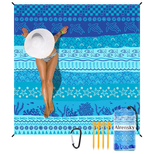 Airensky Beach Blanket, Sandproof Beach Mat 79" X 82" for 4-7 Adults, Large Waterproof Beach Blanket Quick Drying Lightweight Beach Blanket with 4 Stakes for Travel Camping Hiking(Blue Sea World)