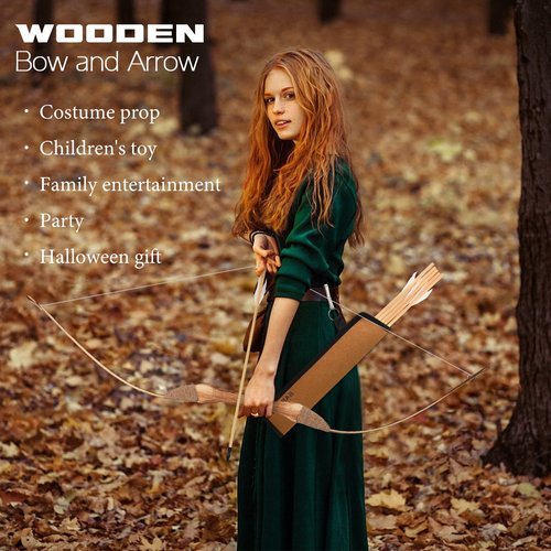 Youth Archery Bow and Arrow Set for Kids, 40" Handmade Wooden Bow and Arrow Prop Costume Cosplay Games Toys, Archery Set with 1 Bows 1 Quivers 5 Feather Arrows, Gifts for Kids Youth Adult Boys Girls