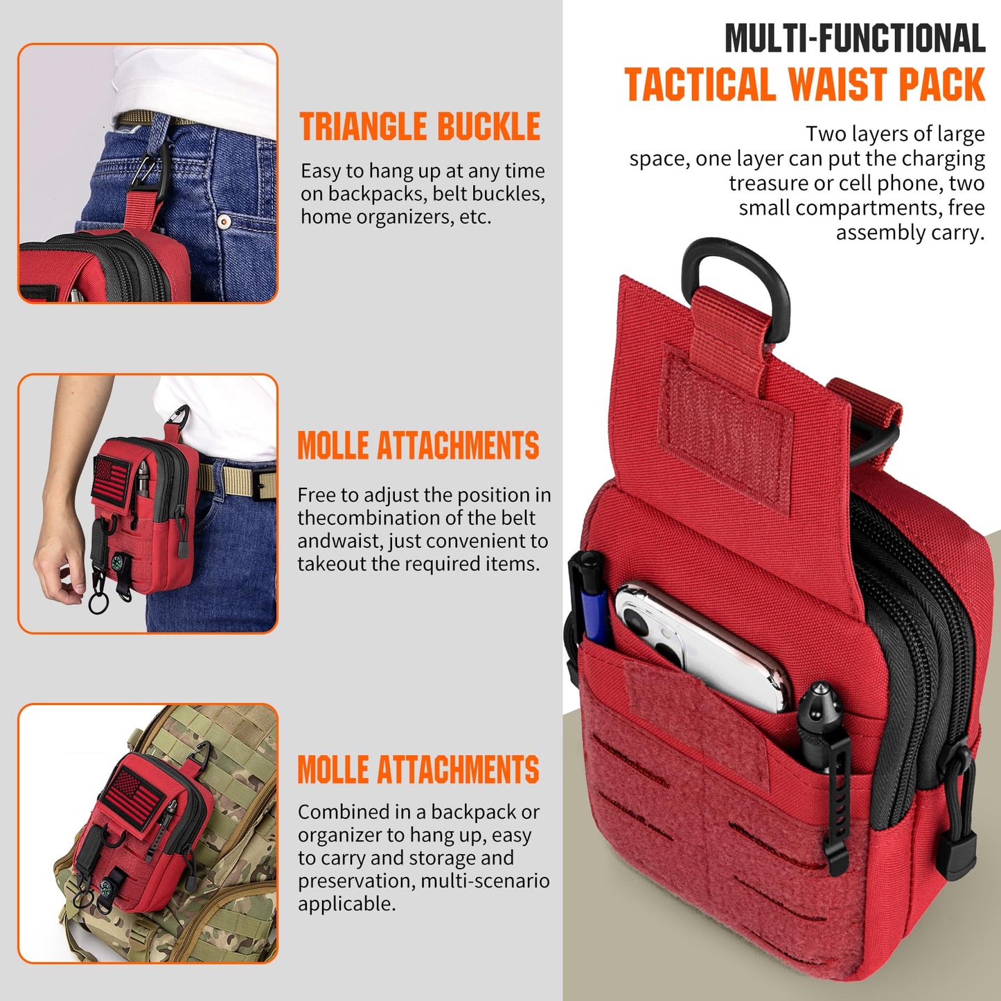 IronSeals Tactical Molle Utility EDC Pouch Nylon Waist Belt Bag Camping Hiking Organizer Pouch Phone Holster for iPhone 16 Pro Max/16 Pro/15 Pro Max/14 Pro Max/13 Pro Max/12 Pro Max/11 Pro Max, Large