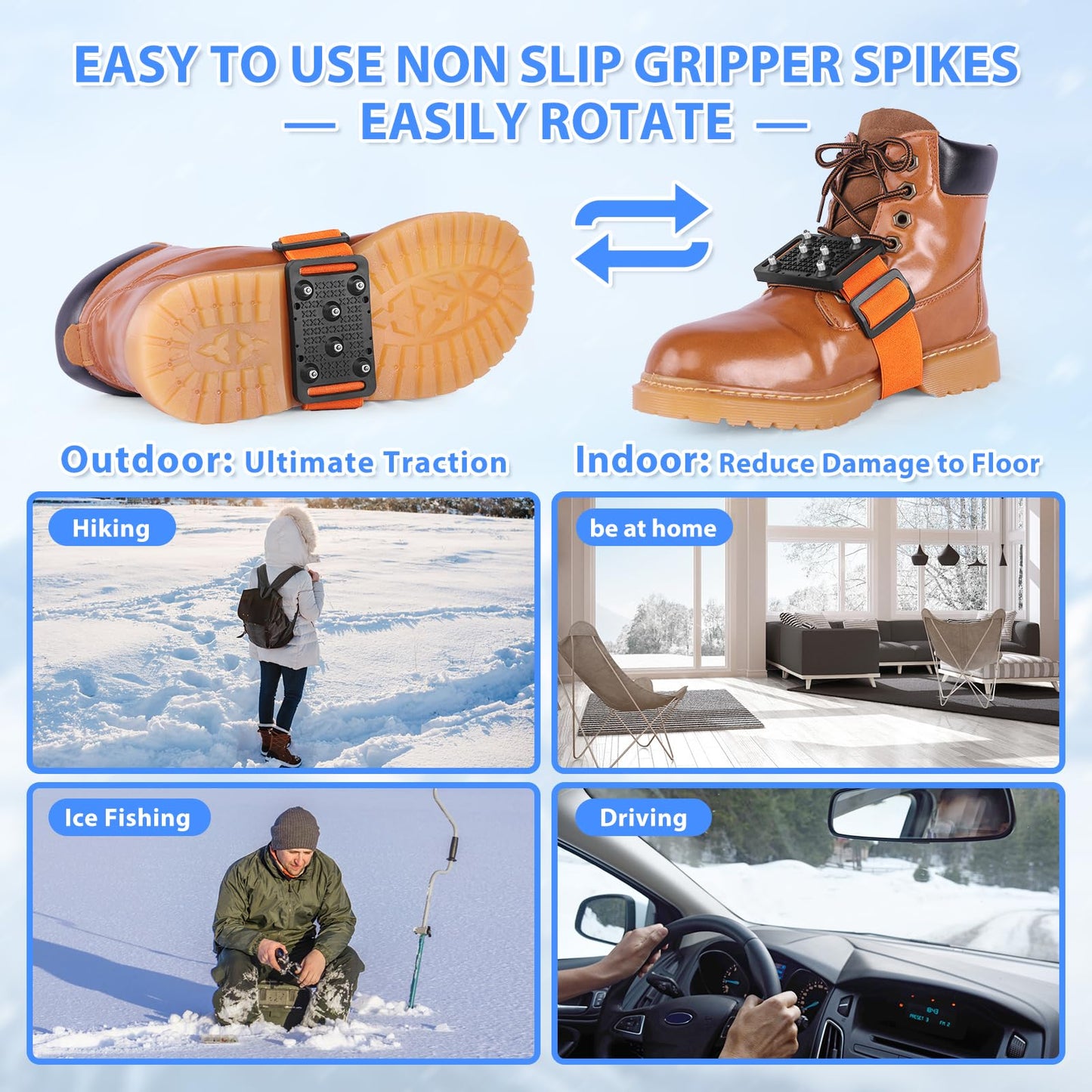 Sfee Ice Cleats Crampons, Easily Rotate Ice Grippers Ice Cleats for Shoes and Boots with Tungsten Studs Shoe Spikes Traction Cleats for Snow and Ice with Adjustable Straps for Frequent Indoor/Outdoor