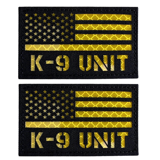 2 Pack Reflective K9 Unit Patch US Flag with Hook Back for Service Harness Tactical Vest Collar Hook-Fastener Backing (Black-Yellow)