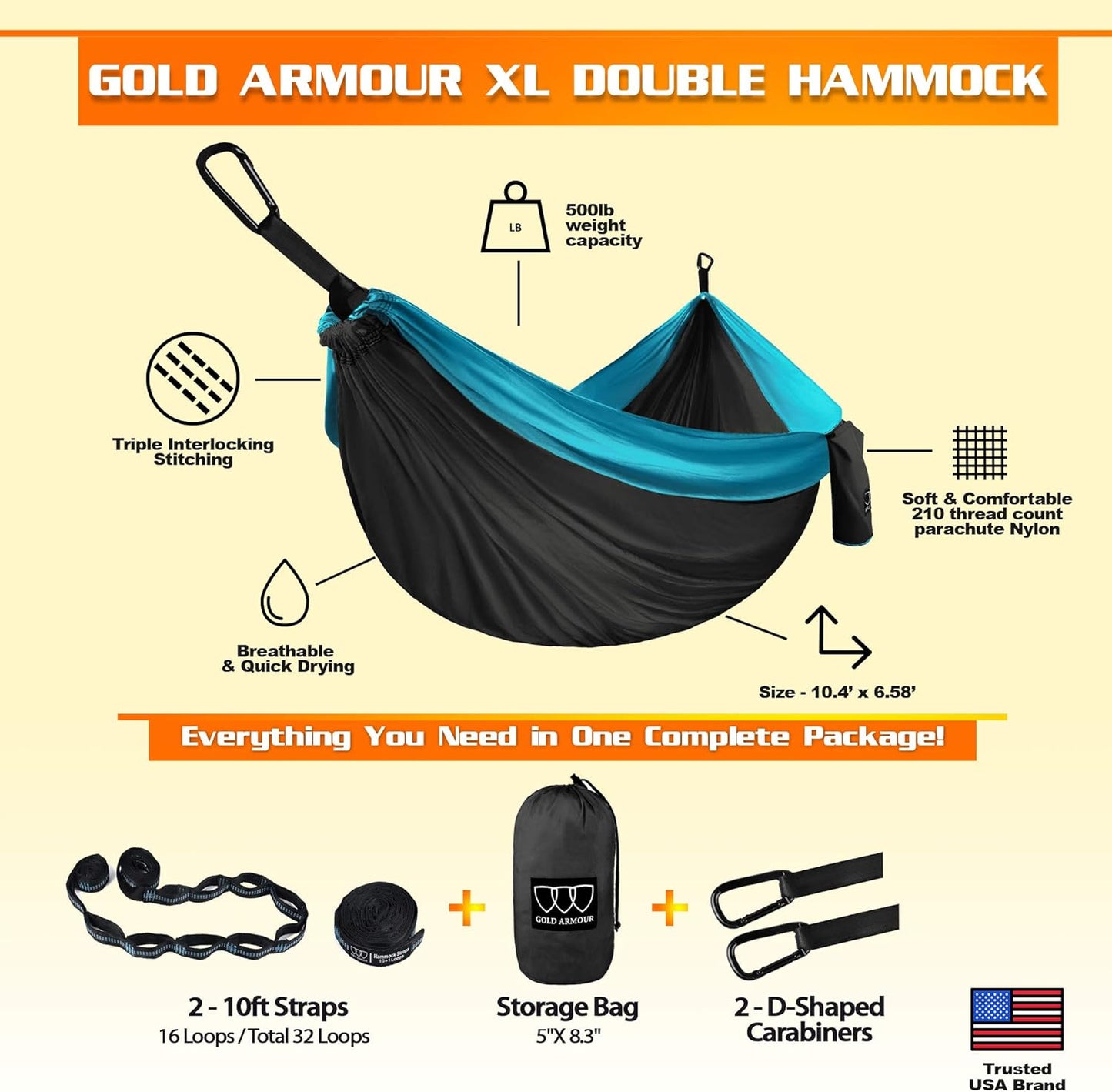 Gold Armour Camping Hammock - XL Double Hammock Portable Hammock Camping Accessories Gear for Outdoor Indoor with Tree Straps, USA Based Brand (Gray)