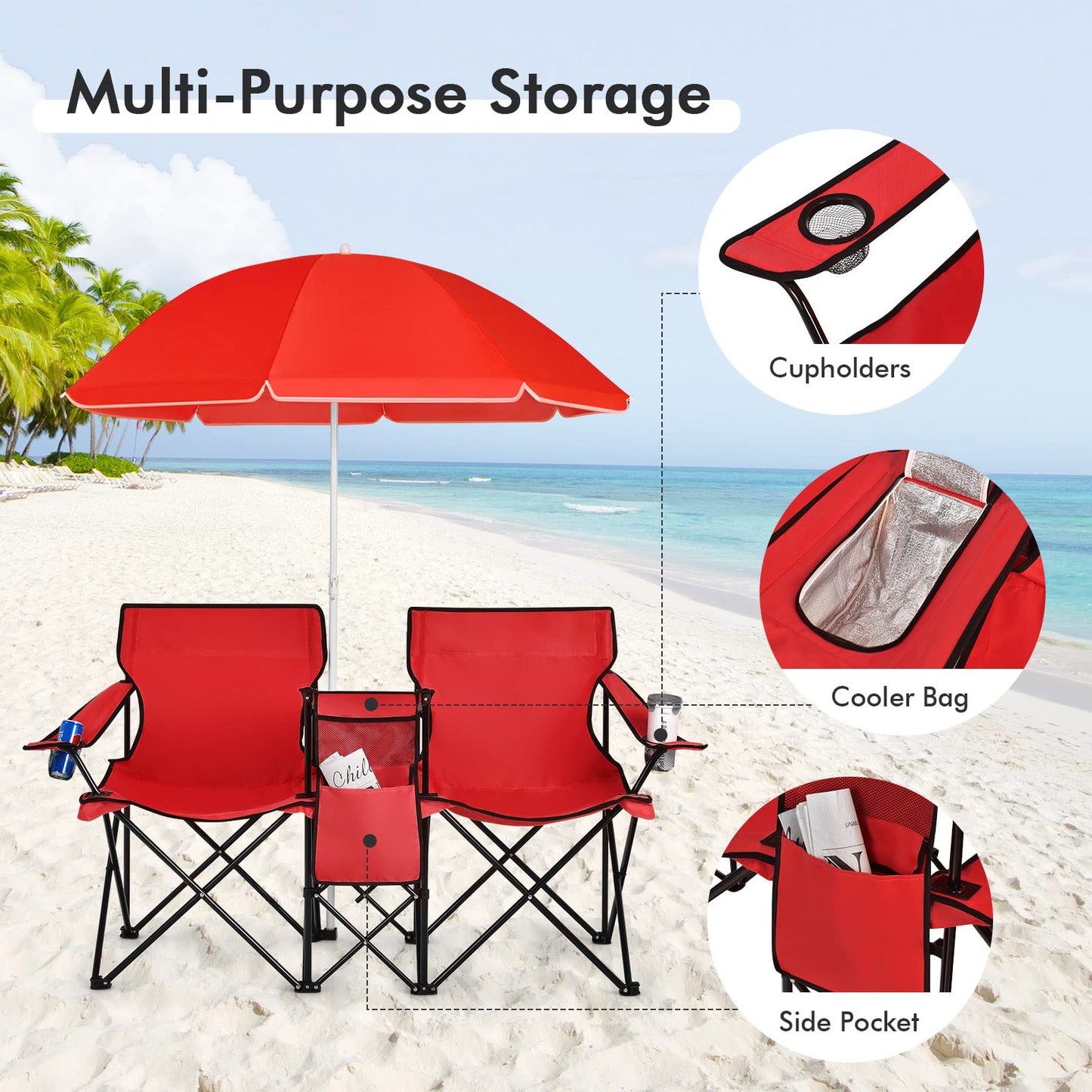 Julimoon Double Folding Camping Chairs w/Removable Umbrella, Portable Picnic Loveseat w/Mini Table, Cup Holder & Carrying Bag, 2-Person Picnic Chairs for Patio, Beach, Picnic, Outdoor (Red)