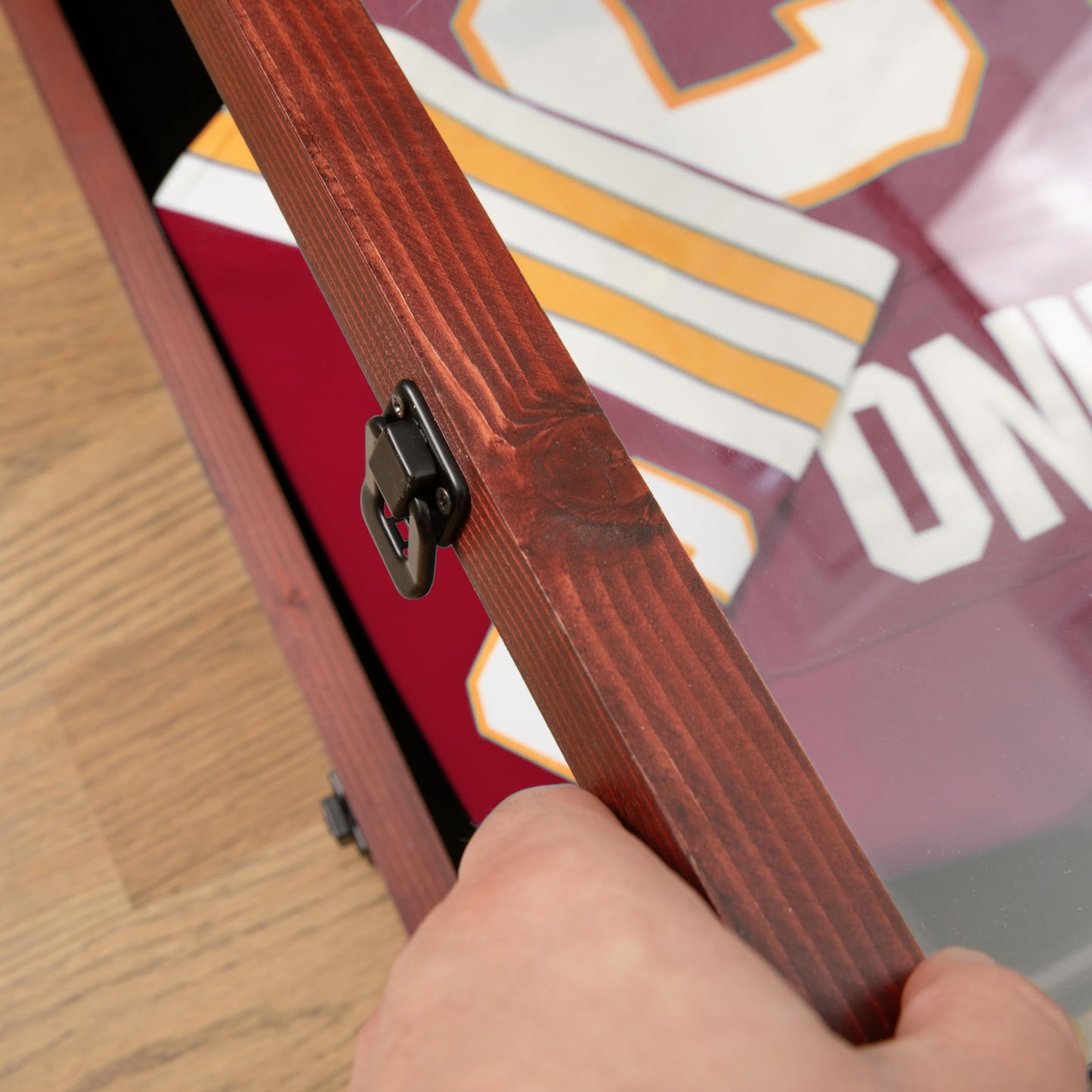 HBCY Creations Mahogany Jersey Frame Display Case - 24x36 Premium Shadow Box with Anti-Theft Lock, Acrylic Window, Solid Wood Frame, Fits, Includes Hanger and Hanging Hardware